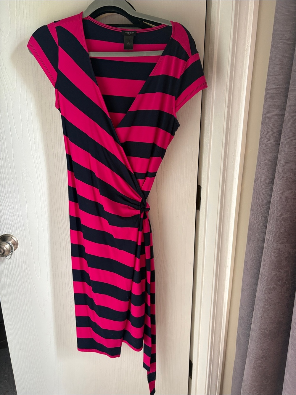 Ann Taylor Striped Wrap Midi Dress - Hot Pink & Navy